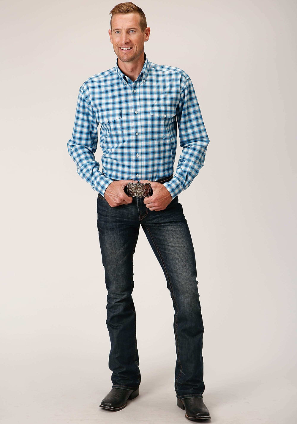 Roper Mens Long Sleeve Button New Stretch Check Blue Western Shirt - Roper - Flyclothing LLC