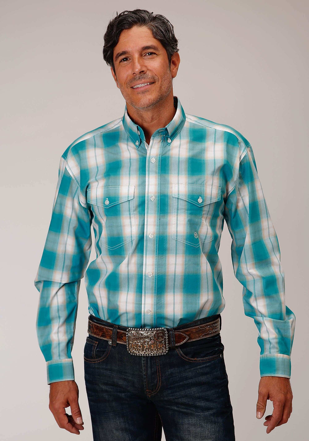 Roper Mens Long Sleeve Button Turquoise Sand Ombre Plaid Western Shirt - Roper - Flyclothing LLC