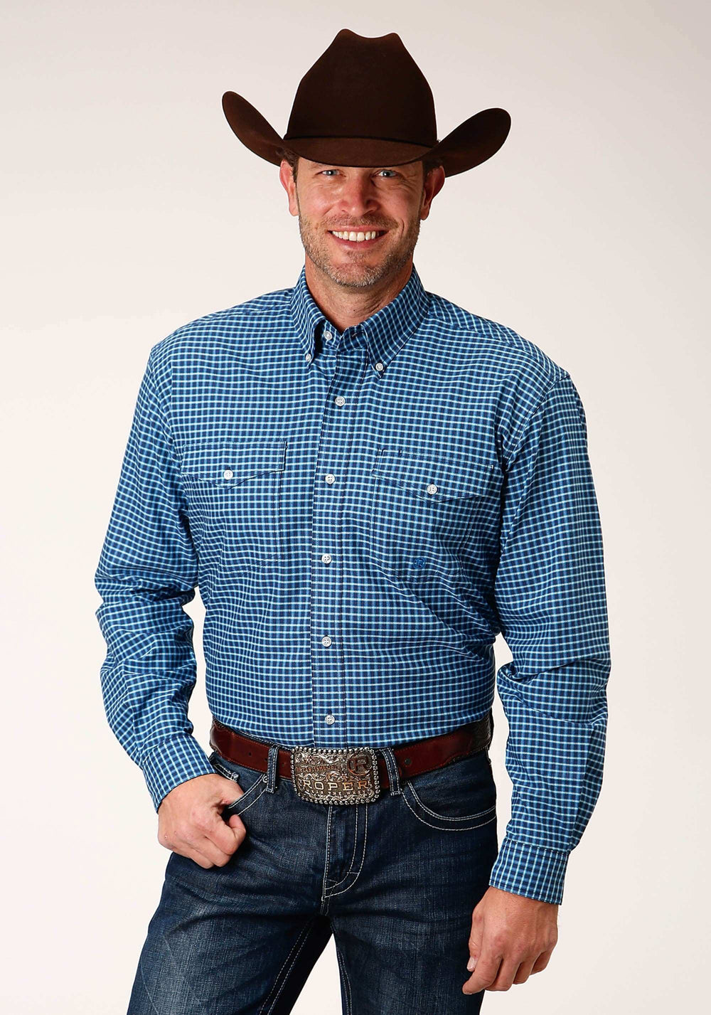 Roper Mens Long Sleeve Button Blue Oxford Check Western Shirt - Roper - Flyclothing LLC