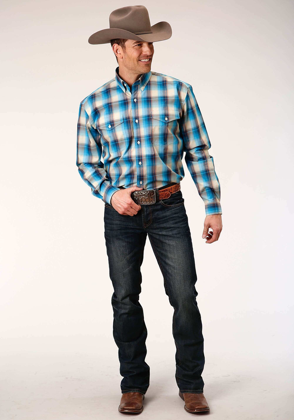 Roper Mens Long Sleeve Button Sunset Plaid Western Shirt - Roper - Flyclothing LLC