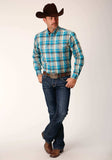 Roper Mens Long Sleeve Button Sandy Turquoise Plaid Western Shirt - Roper - Flyclothing LLC