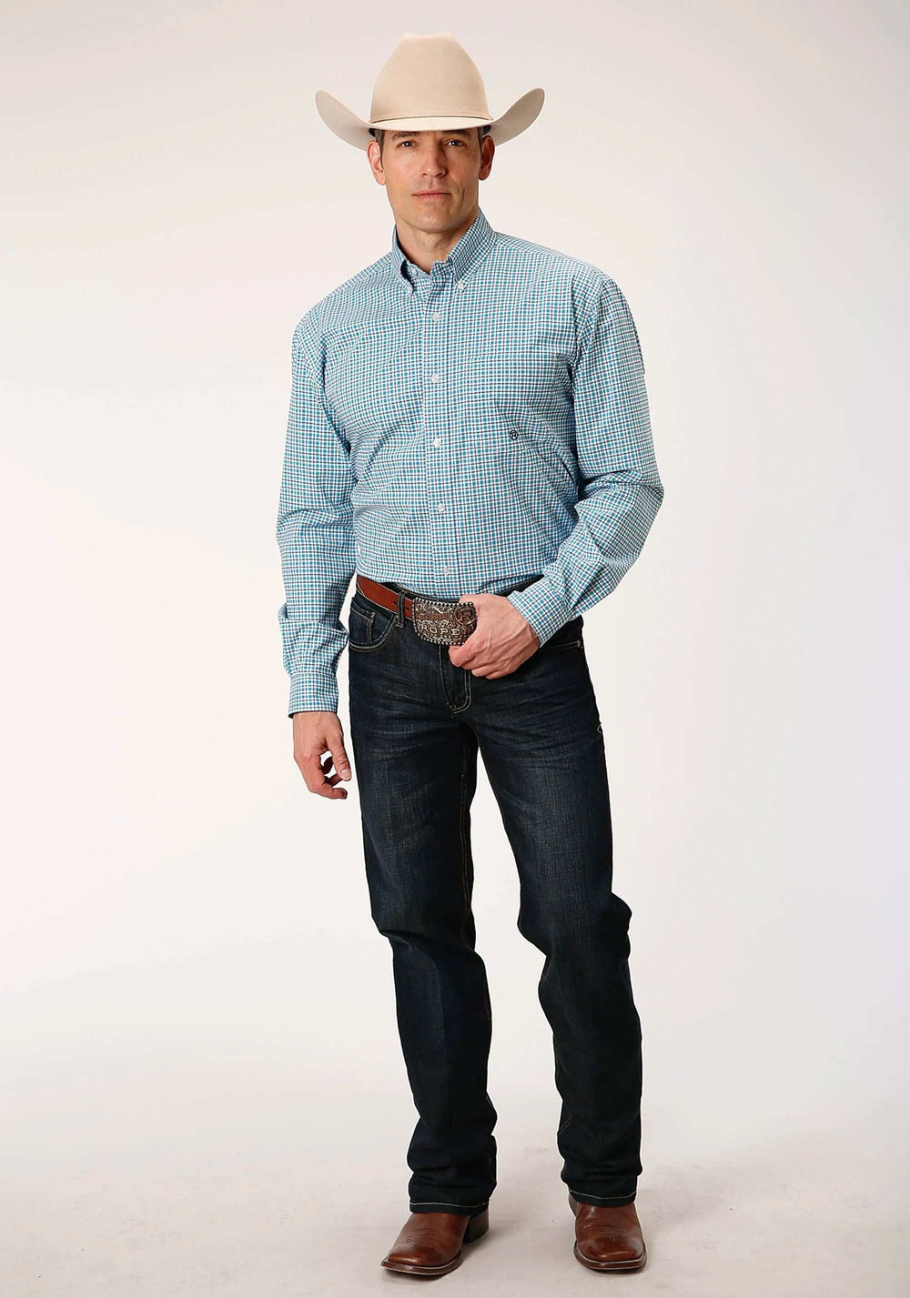 Roper Mens Long Sleeve Button Stretch Check Western Shirt - Roper - Flyclothing LLC
