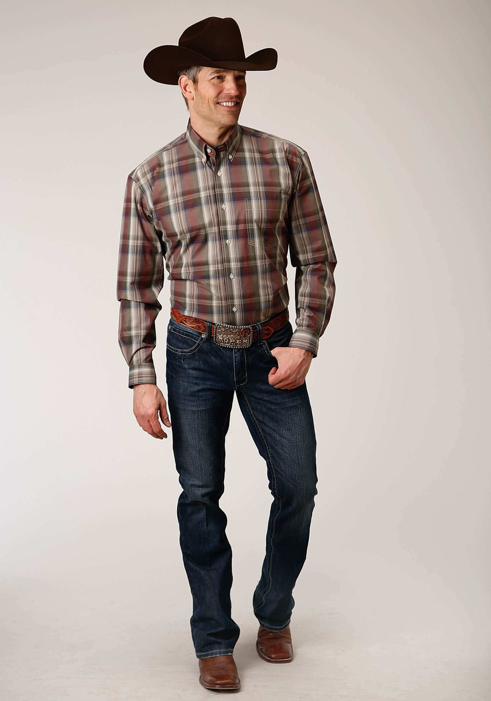 Roper Mens Long Sleeve Button Redwood Plaid Western Shirt - Roper - Flyclothing LLC