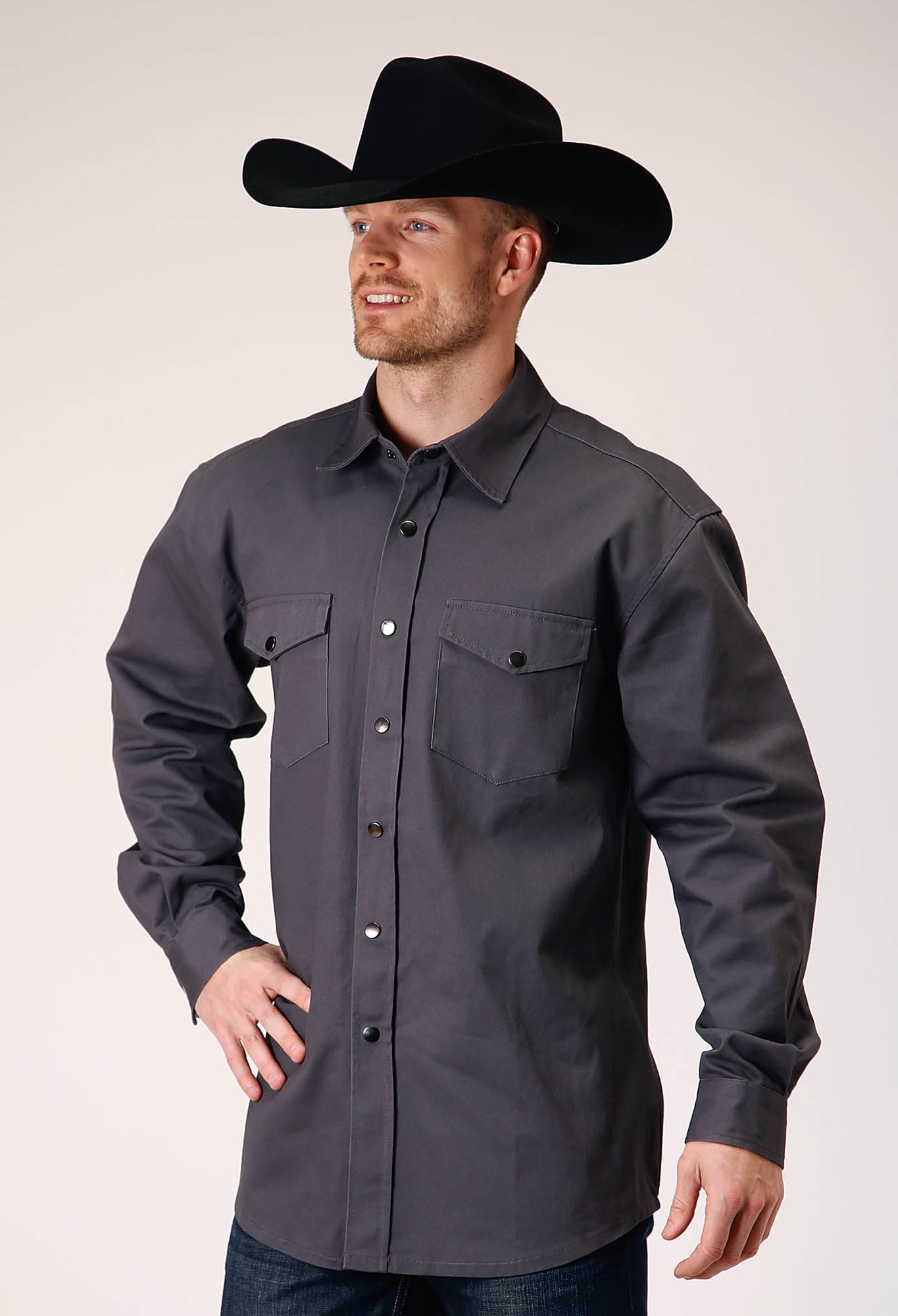 Roper Mens Long Sleeve Snap Brush Twill Charcoal Western Shirt 2XL