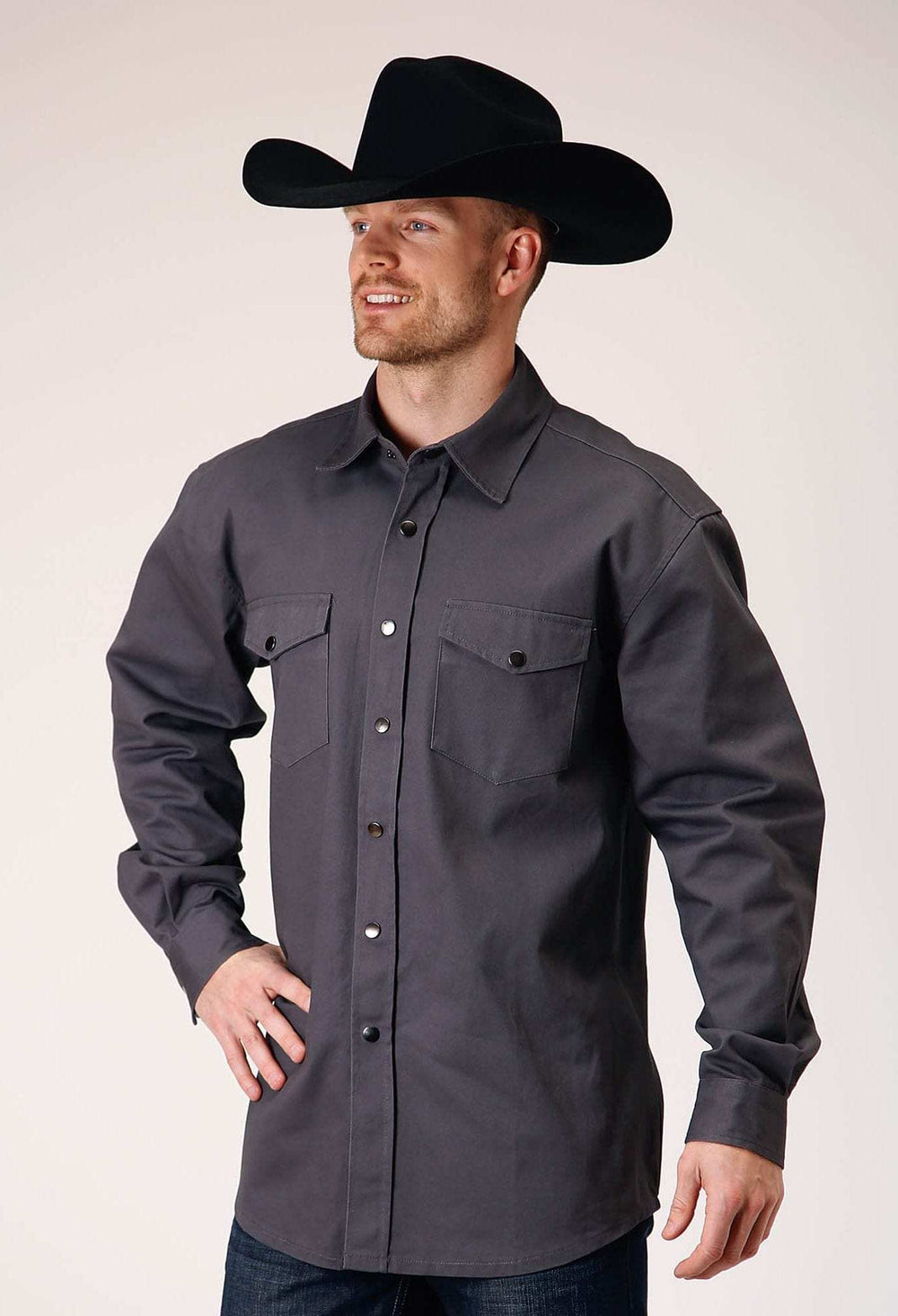 Roper Mens Long Sleeve Snap Brush Twill Charcoal Western Shirt - Roper - Flyclothing LLC