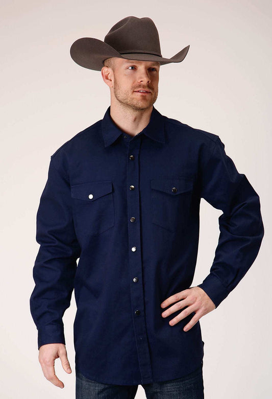 Roper Mens Long Sleeve Snap Brush Twill Navy Western Shirt - Roper - Flyclothing LLC