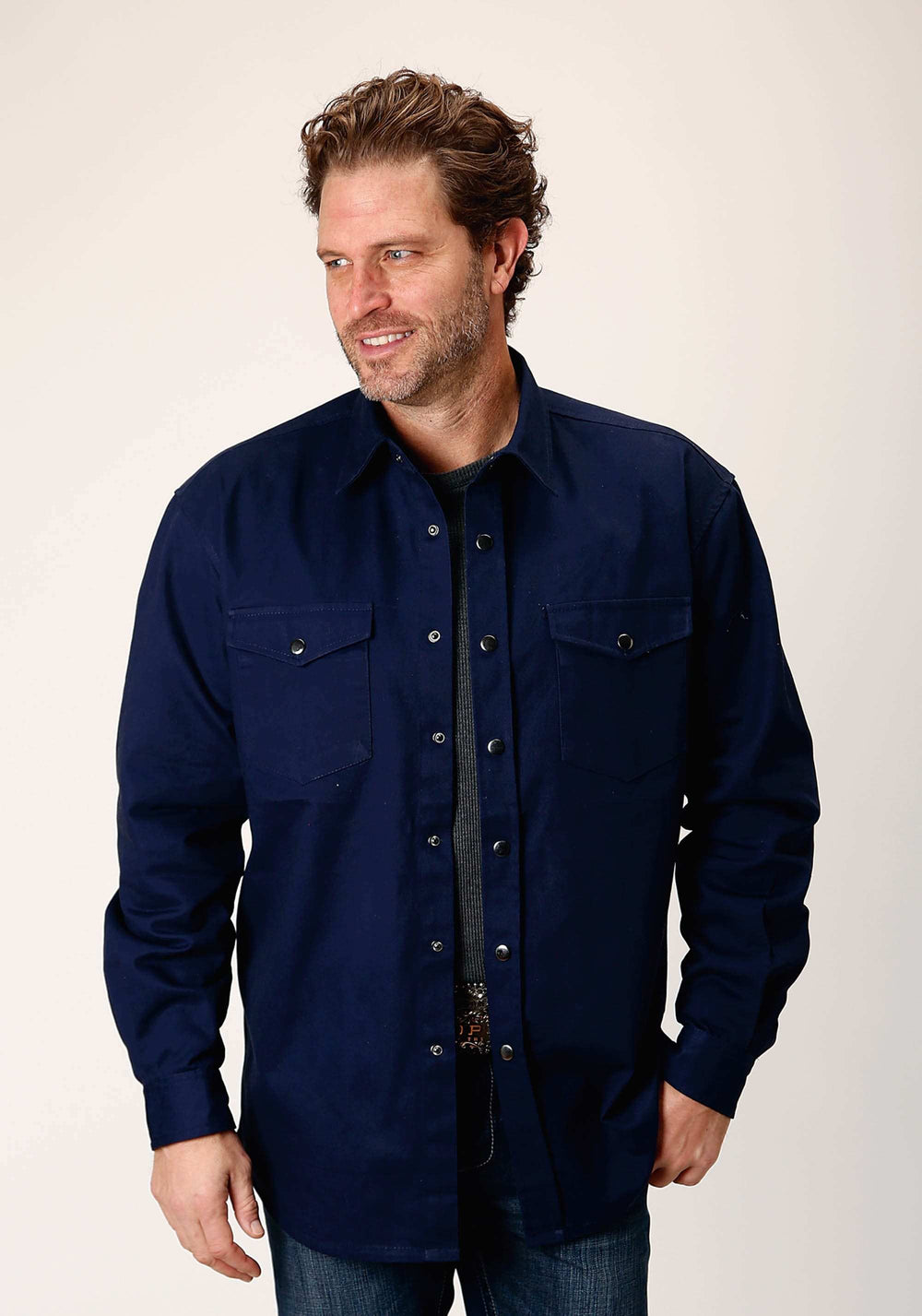 Roper Mens Long Sleeve Snap Brushed Twill Navy Western Shirt - Roper - Flyclothing LLC