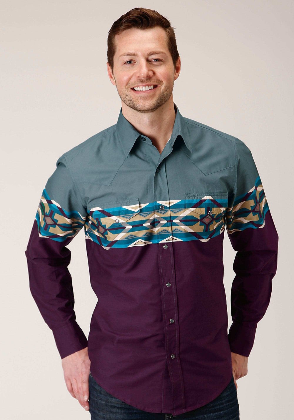 Roper Mens Long Sleeve Snap Tile Aztec Border Print Western Shirt - Roper - Flyclothing LLC