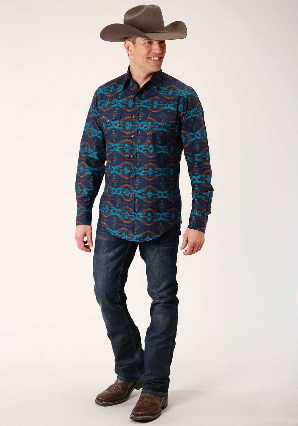 Roper Mens Long Sleeve Snap Turquoise Blanket Horizontal Print Western Shirt - Roper - Flyclothing LLC