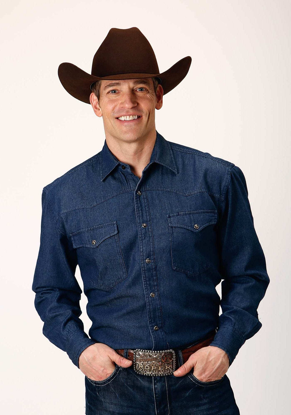 Roper Mens Long Sleeve Snap Dark Blue Denim Western Shirt - Roper - Flyclothing LLC