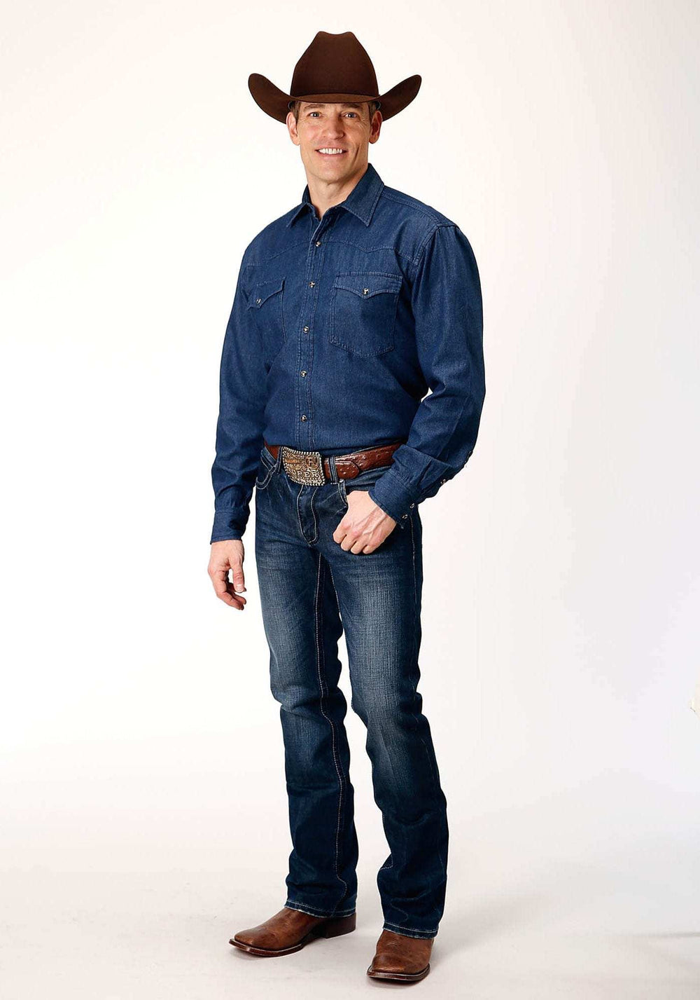 Roper Mens Long Sleeve Snap Dark Blue Denim Western Shirt - Roper - Flyclothing LLC