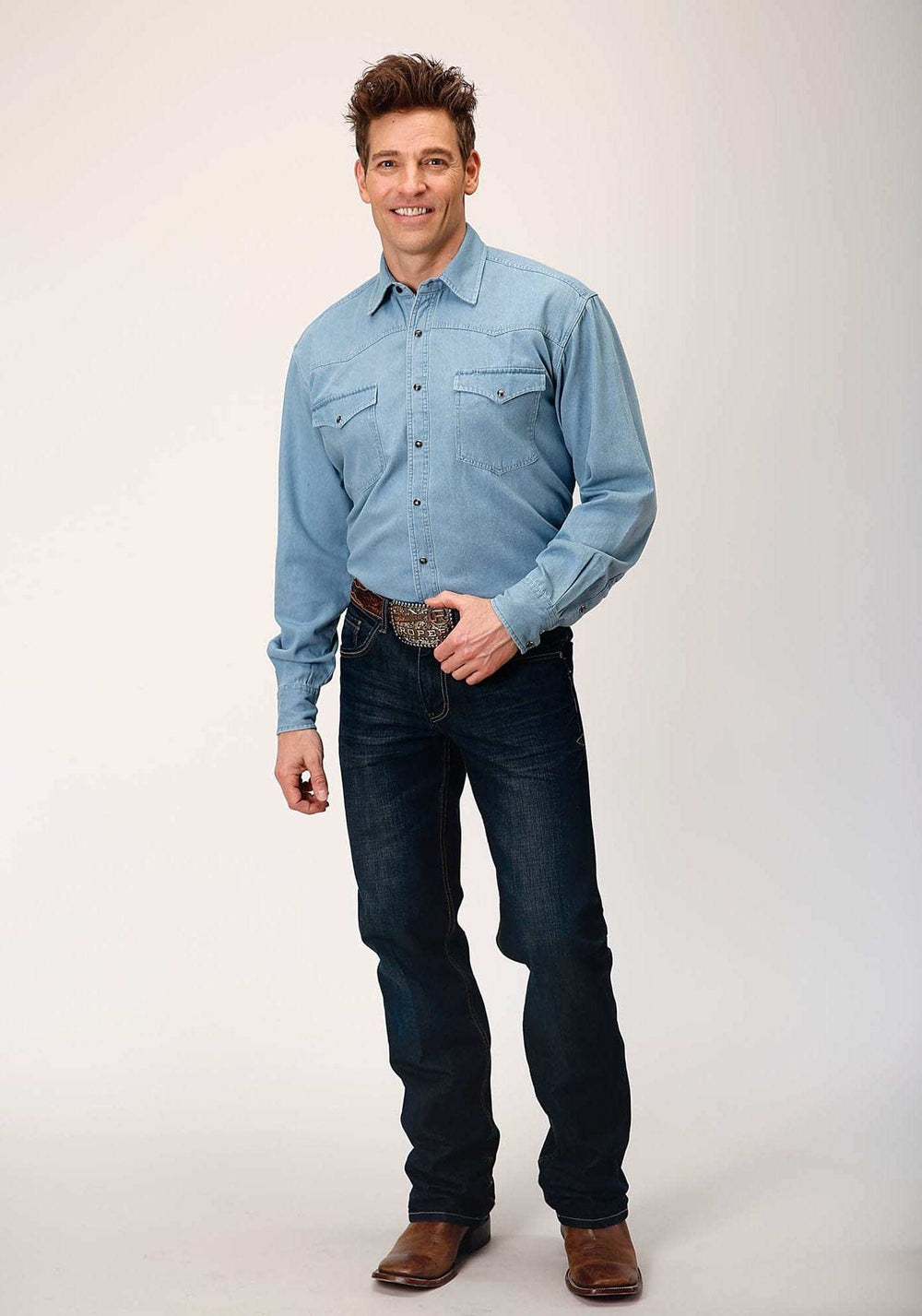 Roper Mens Long Sleeve Snap Light Blue Denim Western Shirt - Roper - Flyclothing LLC