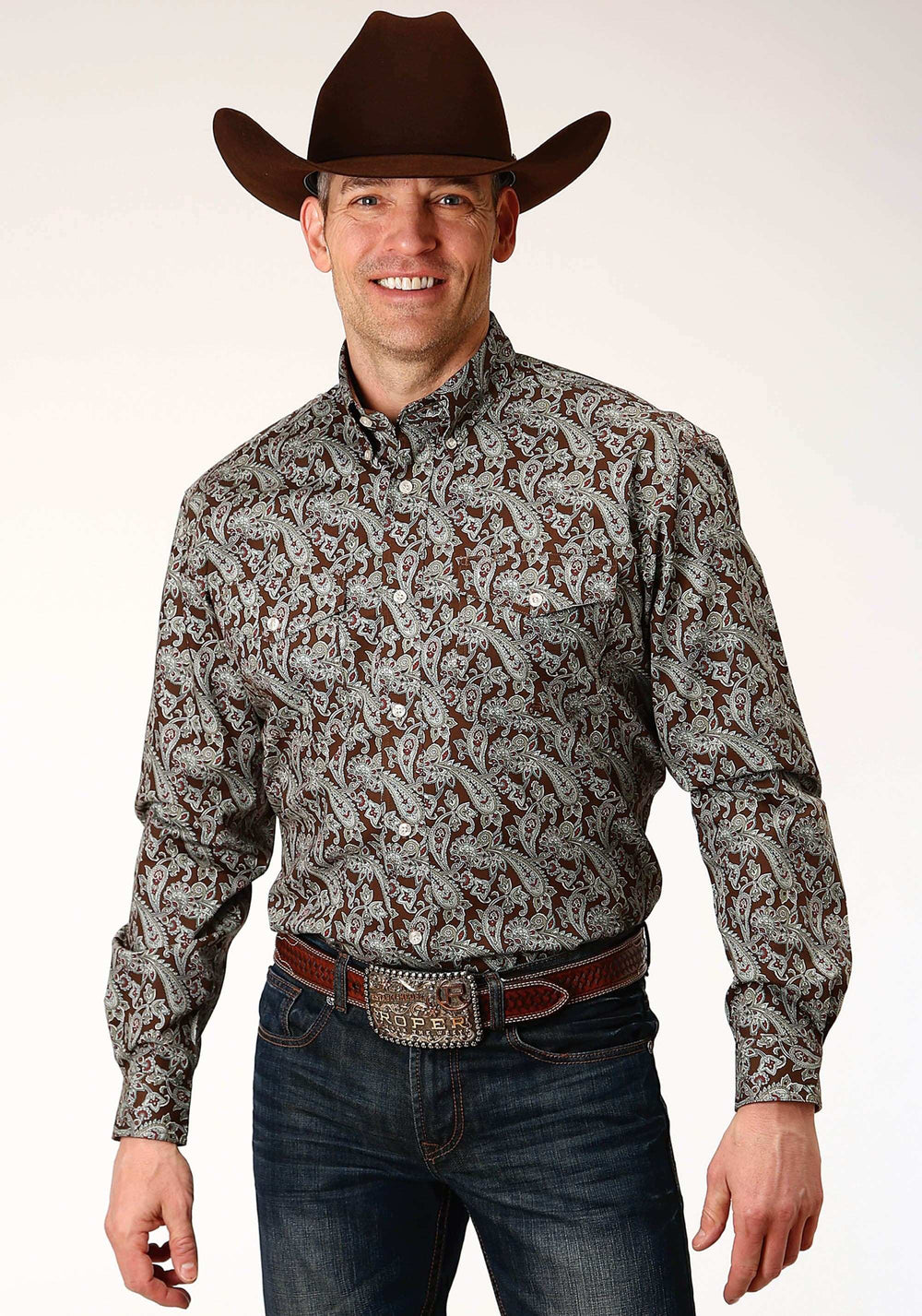 Roper Mens Long Sleeve Button Pine Paisley Western Shirt Tall Fit - Roper - Flyclothing LLC