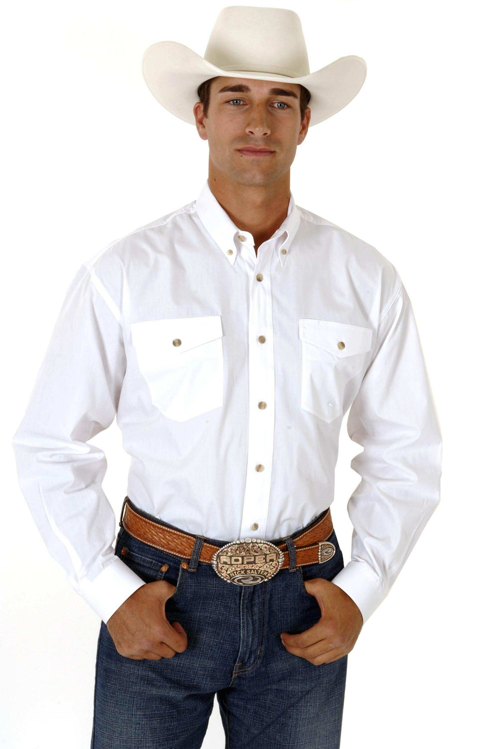 Roper Mens White Solid Long Sleeve Western Button Shirt Tall Fit - Roper - Flyclothing LLC