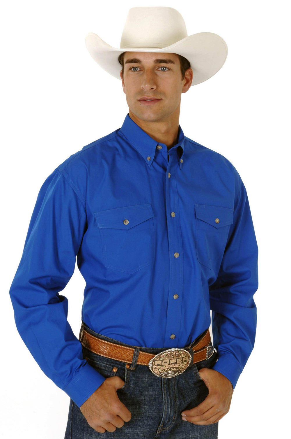 Roper Mens Blue Solid Long Sleeve Western Button Shirt Tall Fit - Roper - Flyclothing LLC