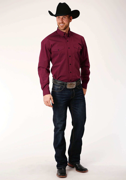 Roper Mens Long Sleeve Button Solid Black Fill Wine Western Shirt Tall Fit - Roper - Flyclothing LLC
