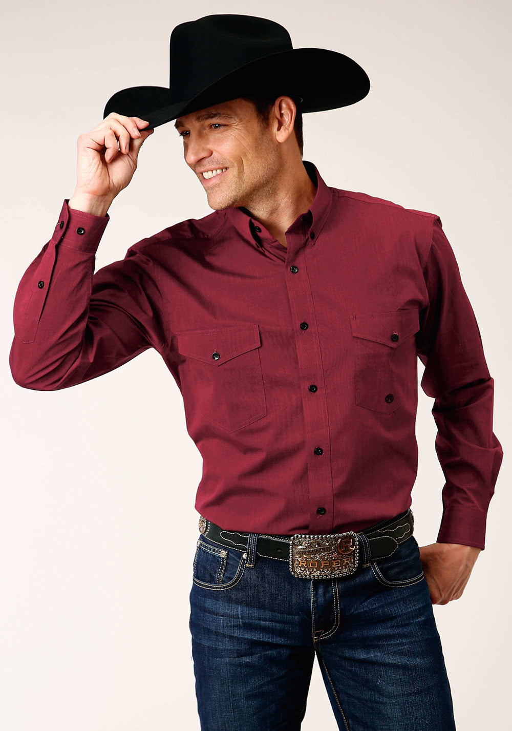 Roper Mens Long Sleeve Button Black Fill Solid Red Western Shirt Tall Fit - Roper - Flyclothing LLC