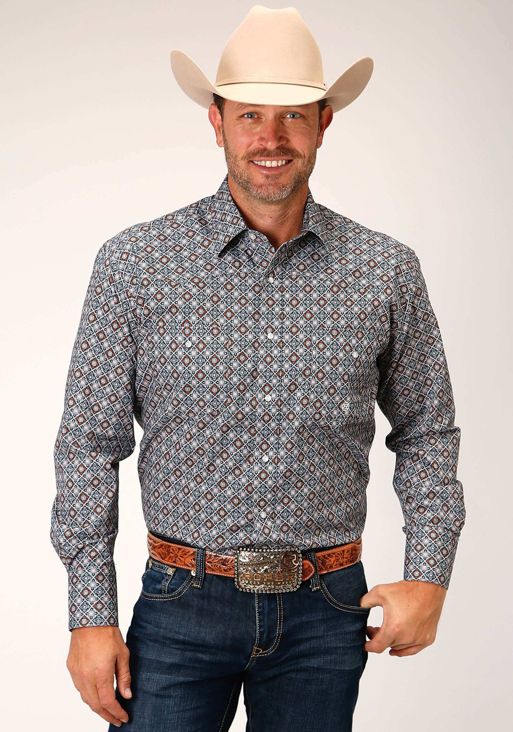 Roper Mens Long Sleeve Snap Silver Foulard Western Shirt Tall Fit - Roper - Flyclothing LLC