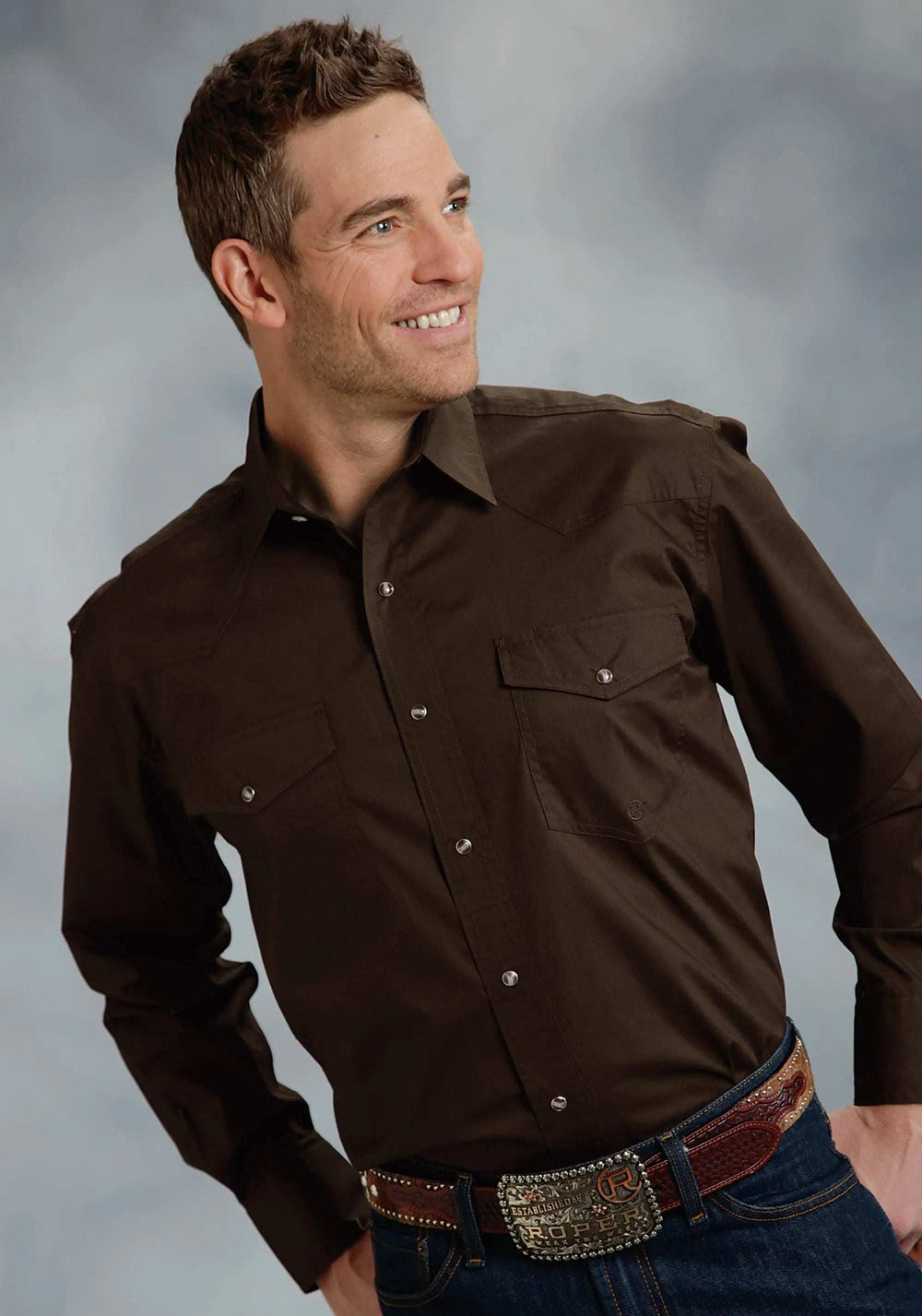 Roper Mens Brown Solid Long Sleeve Western Snap Shirt Tall Fit - Roper - Flyclothing LLC