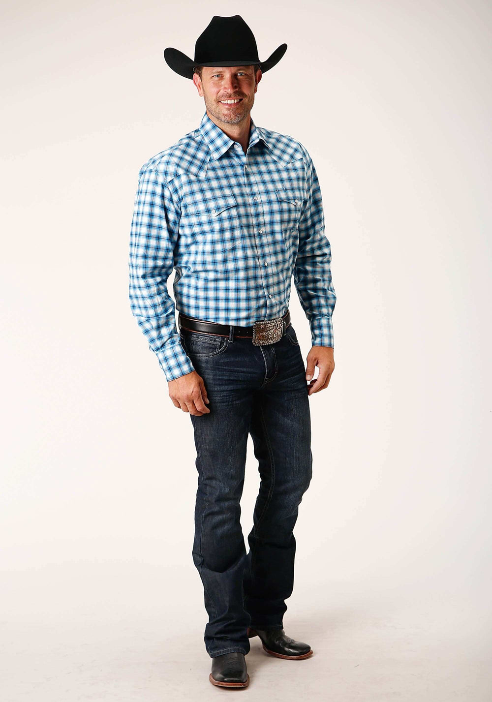 Roper Mens Long Sleeve Snap New Stretch Check Blue Western Shirt Tall Fit - Roper - Flyclothing LLC