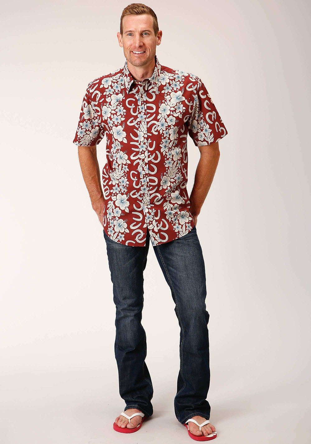 Roper Mens Short Sleeve Snap Hawaiian Horseshoes Print Western Shirt - Roper - Flyclothing LLC