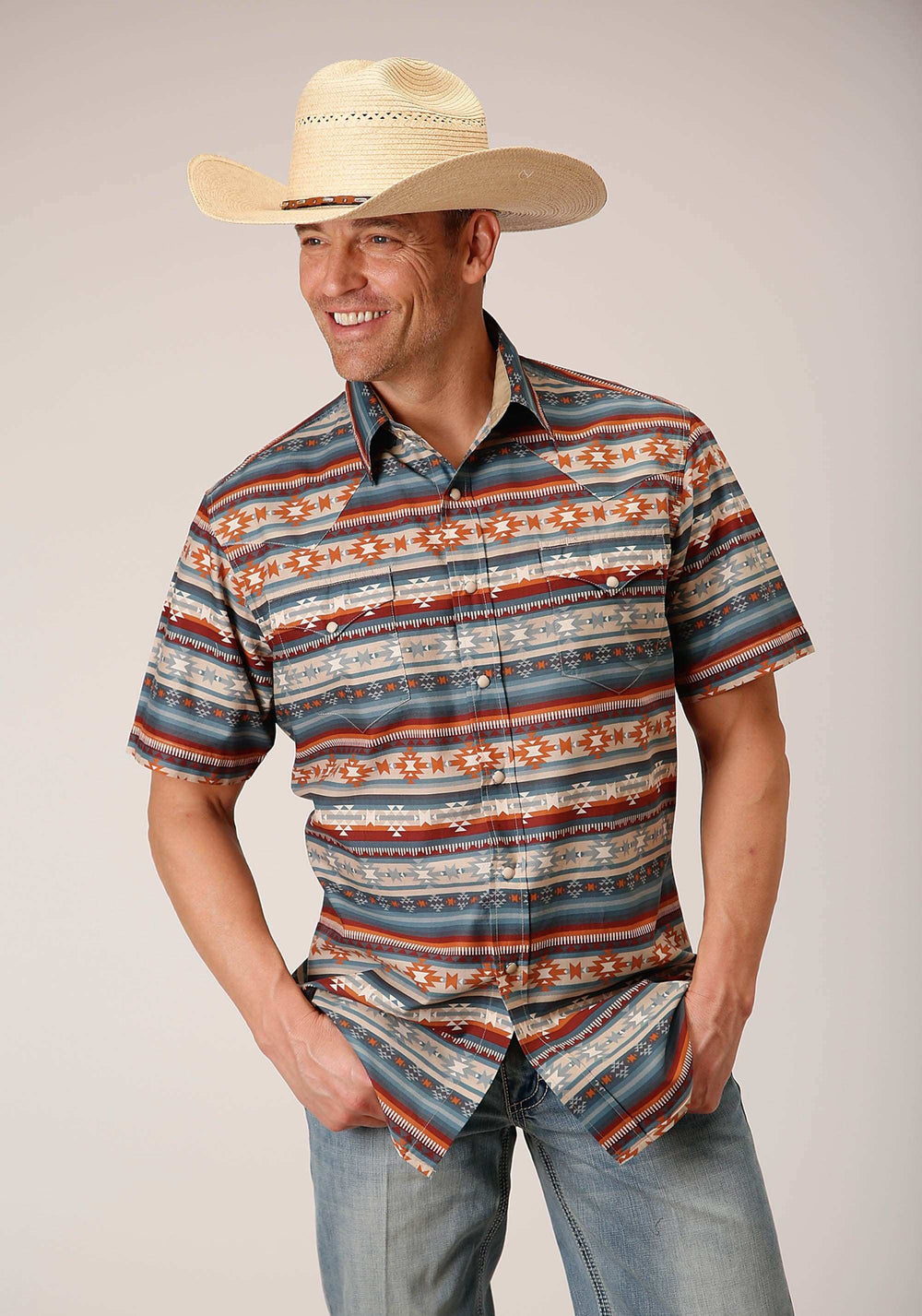 Roper Mens Short Sleeve Snap Sandstone Aztec Print Western Shirt - Roper - Flyclothing LLC