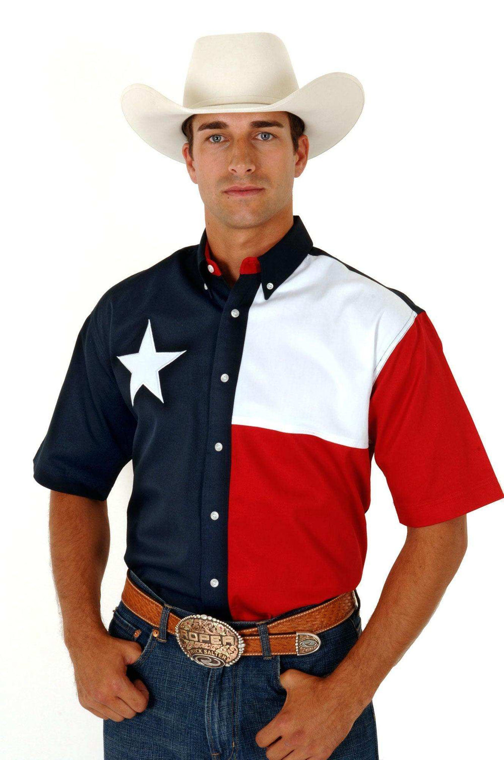 Roper Mens Red White And Blue Pieced Texas Flag Short Sleeve Western Snap Shirt - Roper - Flyclothing LLC
