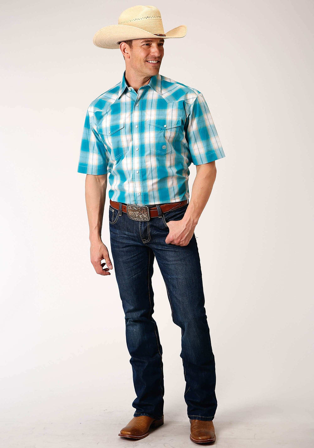 Roper Mens Short Sleeve Snap Turquoise Sand Ombre Plaid Western Shirt - Roper - Flyclothing LLC