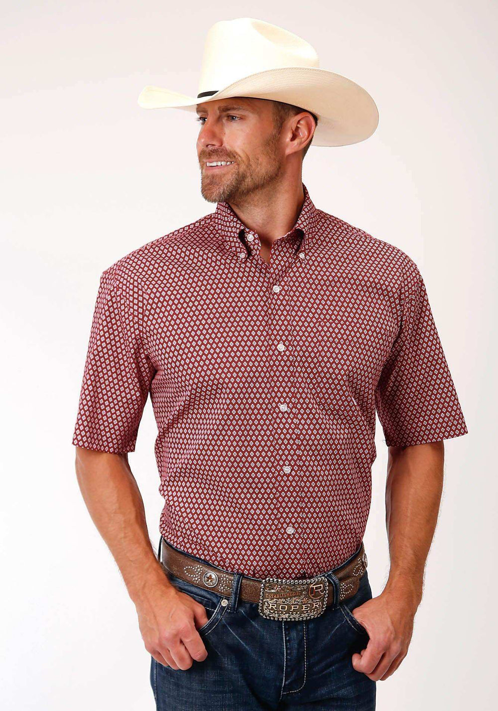 Roper Mens Red And White Foulard Print Short Sleeve Western Button Shirt - Roper - Flyclothing LLC