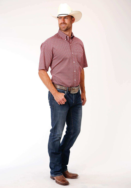 Roper Mens Red And White Foulard Print Short Sleeve Western Button Shirt - Roper - Flyclothing LLC