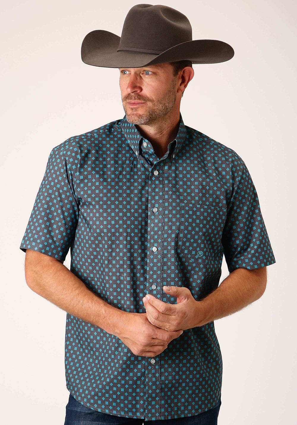 Roper Mens Short Sleeve Button Grey Cottage Foulard Western Shirt - Roper - Flyclothing LLC