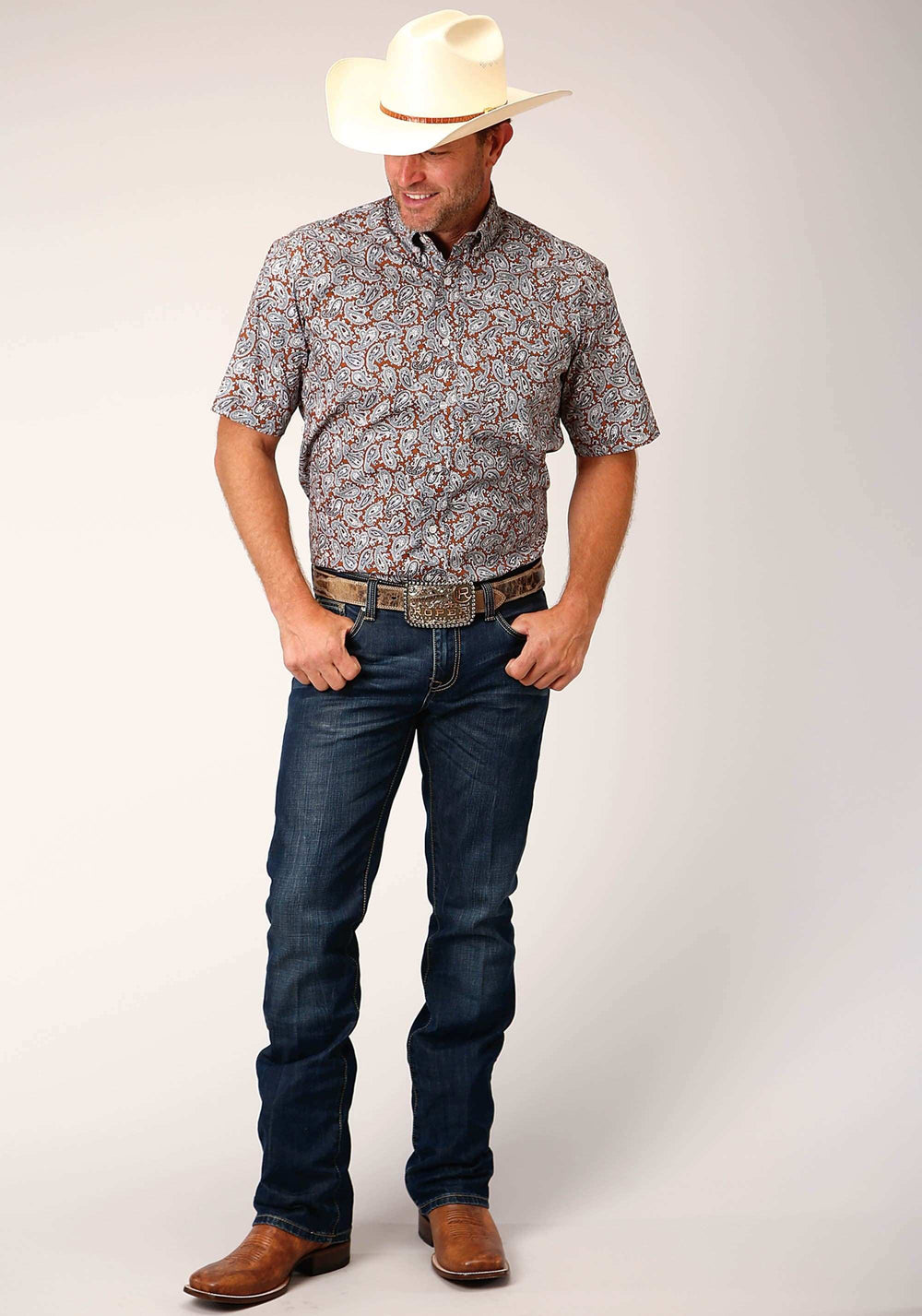 Roper Mens Short Sleeve Button Copper Spring Paisley Western Shirt - Roper - Flyclothing LLC