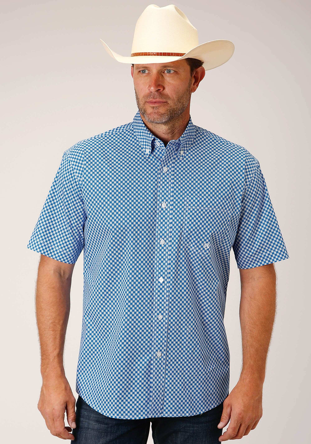 Roper Mens Short Sleeve Button Diamond Star Geo Blue Western Shirt - Roper - Flyclothing LLC