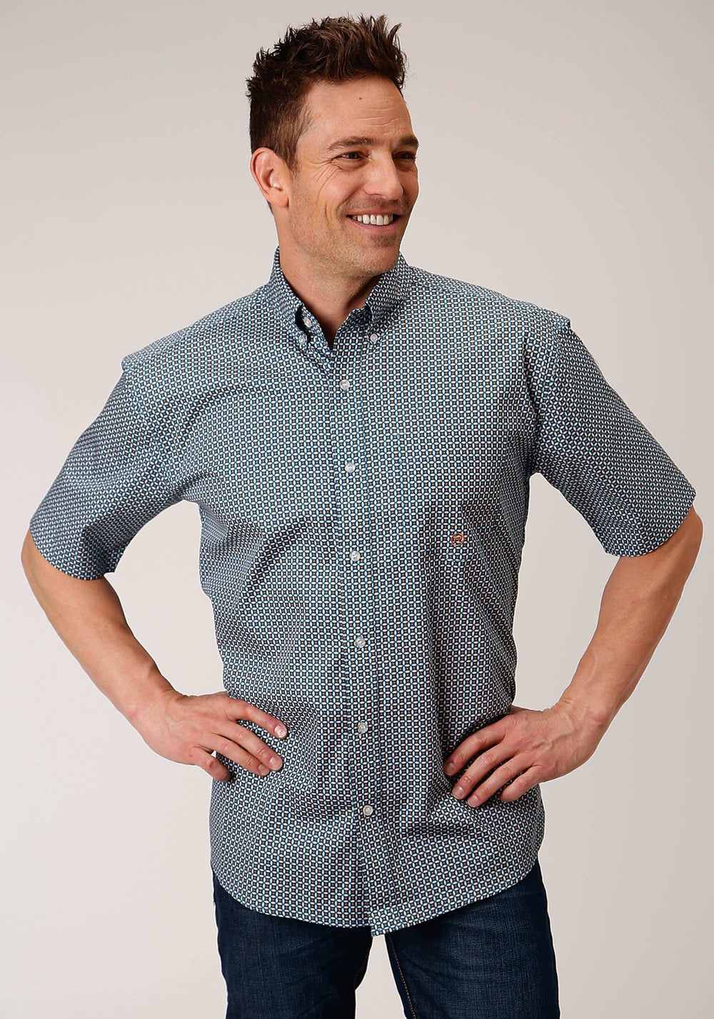 Roper Mens Short Sleeve Button Blue Geo Western Shirt - Roper - Flyclothing LLC