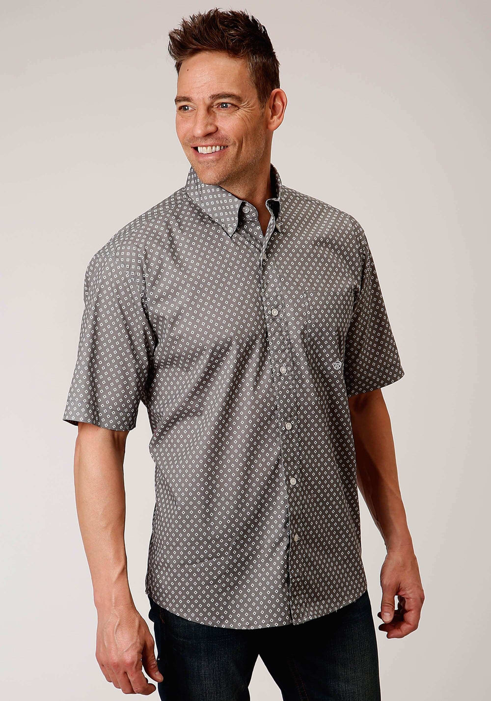 Roper Mens Short Sleeve Button Stretch Poplin Diamond Grey Western Shirt - Roper - Flyclothing LLC