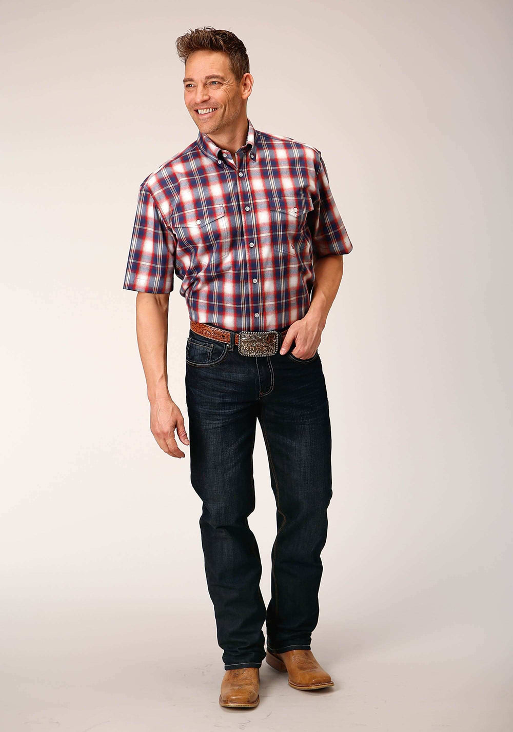 Roper Mens Short Sleeve Button Independence Plaid Western Shirt - Roper - Flyclothing LLC