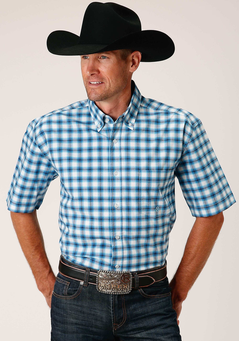 Roper Mens Short Sleeve Button New Stretch Check Blue Western Shirt - Roper - Flyclothing LLC