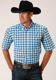Roper Mens Short Sleeve Button New Stretch Check Blue Western Shirt - Roper - Flyclothing LLC