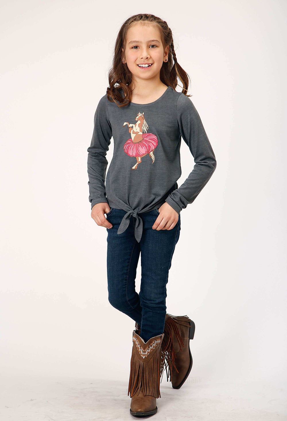 Roper Girls Long Sleeve Knit Poly Rayon Heather Grey Jersey T T-Shirt - Roper - Flyclothing LLC