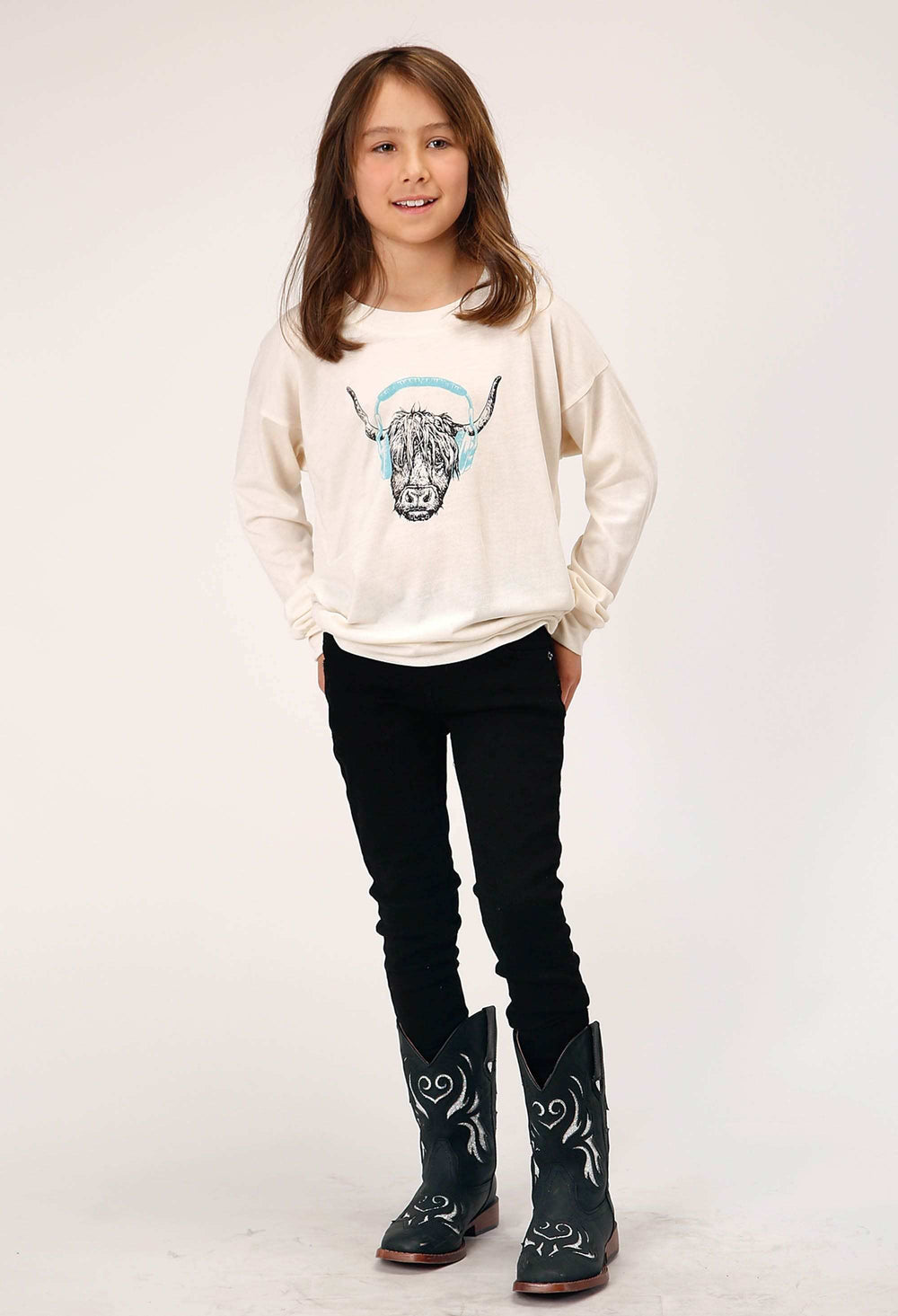Roper Girls Long Sleeve Knit Poly Rayon Cream Boxy Fit T T-Shirt - Roper - Flyclothing LLC