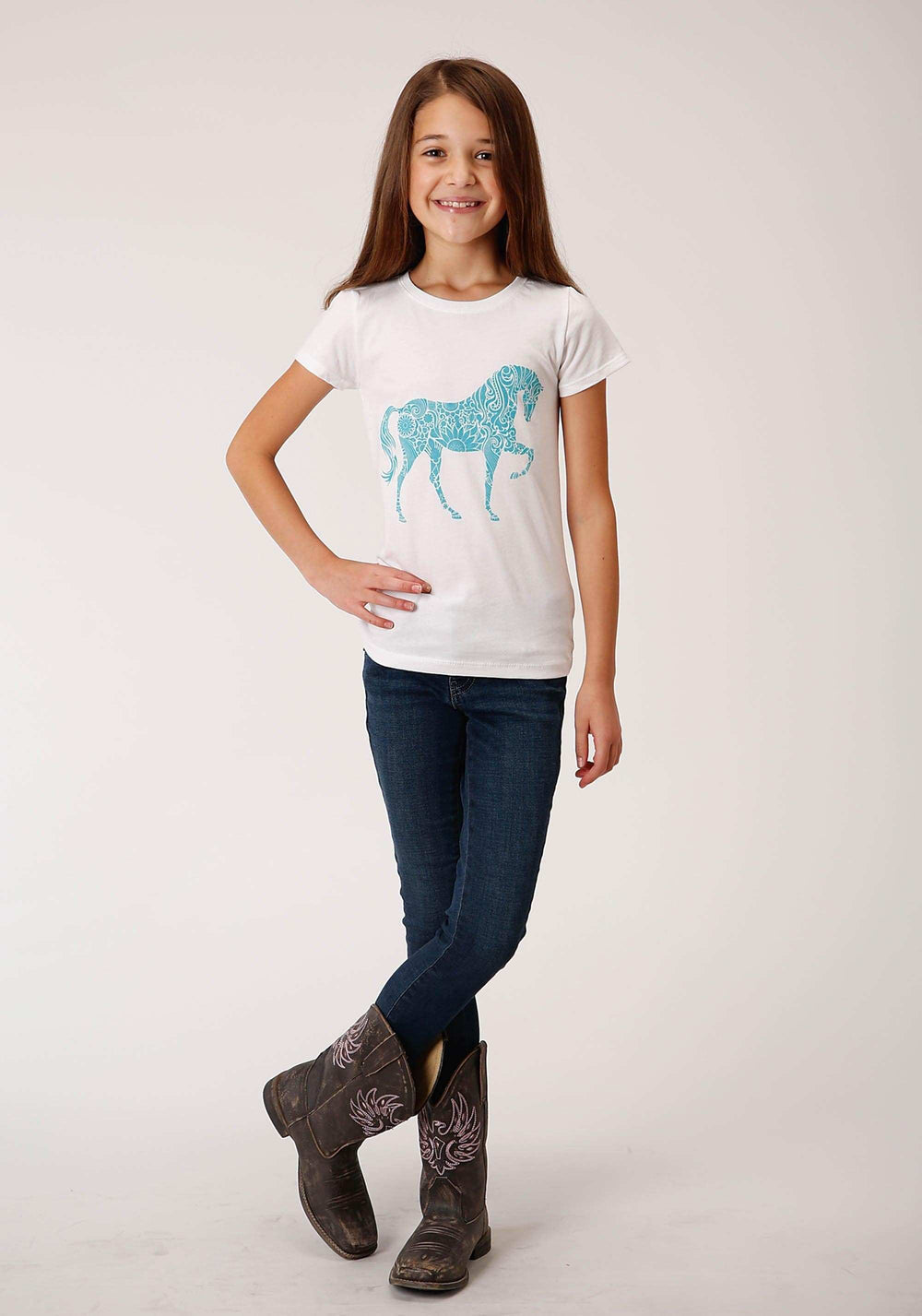 Roper Girls White With Turquoise Horse Screen Print Short Sleeve Knit T-Shirt - Roper - Flyclothing LLC