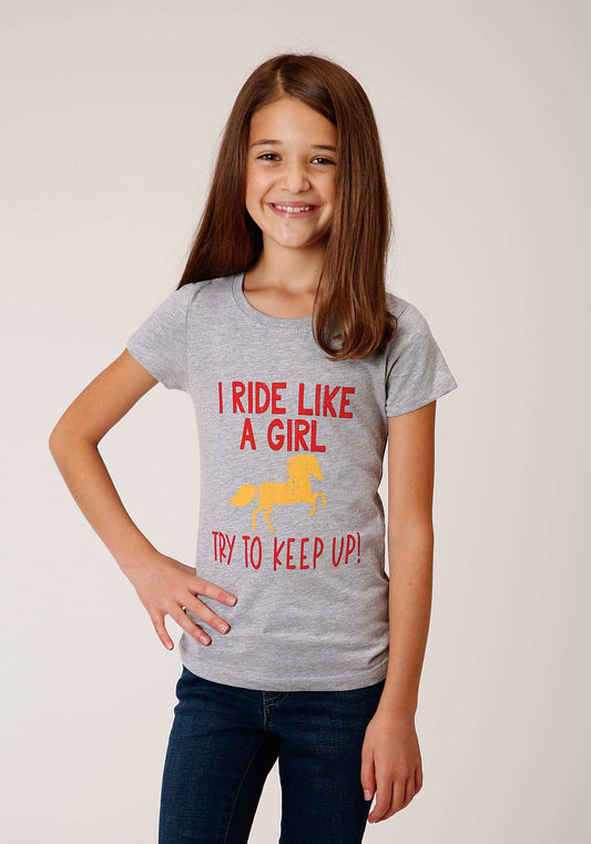 Roper Girls Gray With Ride Like A Girl Screen Print Short Sleeve Knit T-Shirt - Roper - Flyclothing LLC