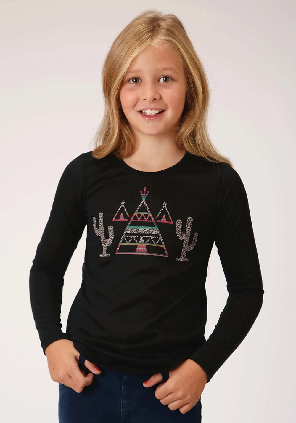 Roper Girls Black With Teepee And Cactus Print Long Sleeve Knit T-Shirt - Roper - Flyclothing LLC