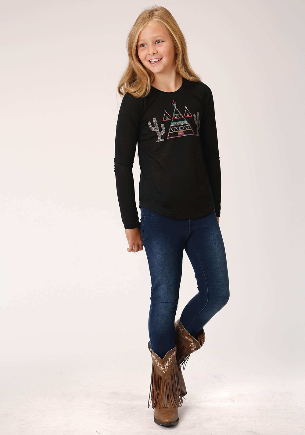 Roper Girls Black With Teepee And Cactus Print Long Sleeve Knit T-Shirt - Roper - Flyclothing LLC