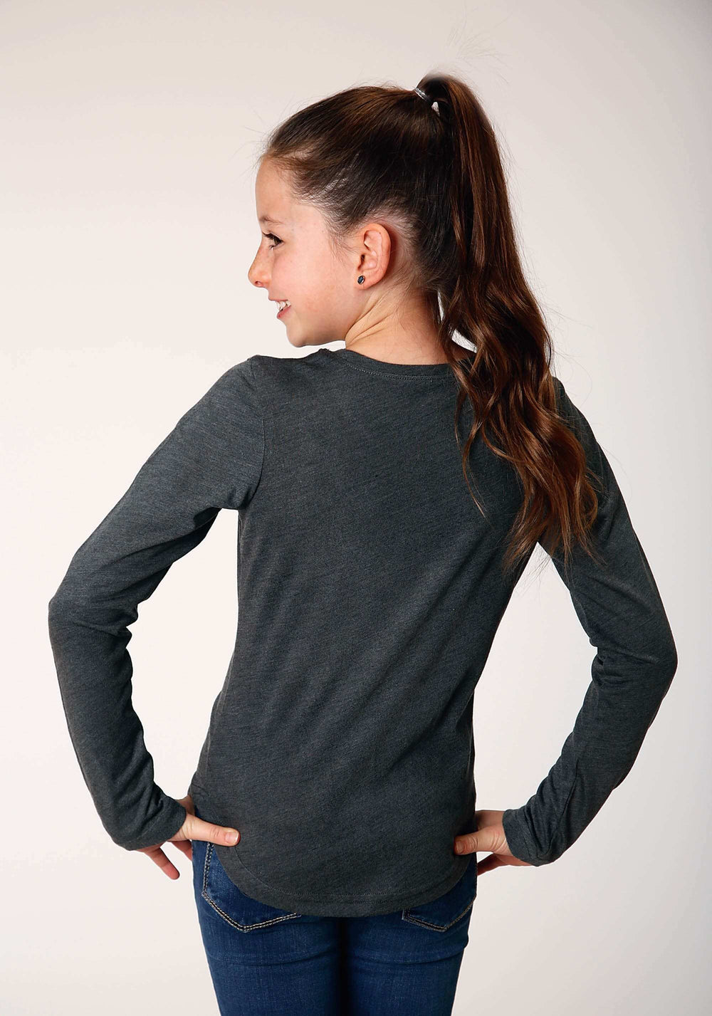 Roper Girls Long Sleeve Knit Poly Rayon Heathered Grey Jersey Long Sleeve T T-Shirt - Roper - Flyclothing LLC