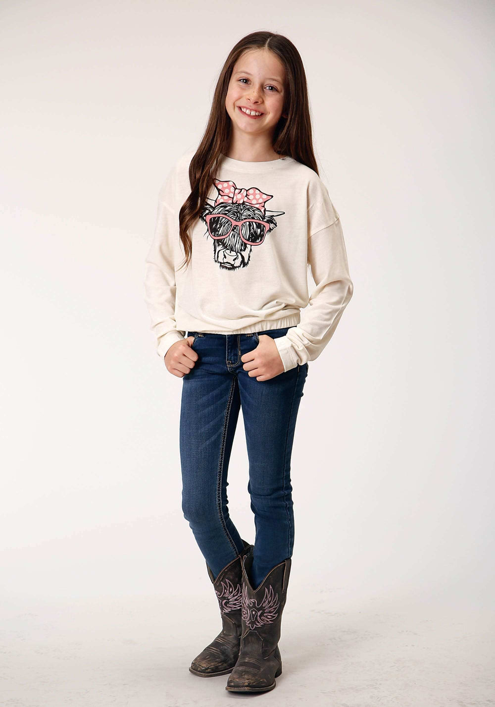 Roper Girls Long Sleeve Knit Poly Rayon Cream Jersey Long Sleeve T T-Shirt - Roper - Flyclothing LLC