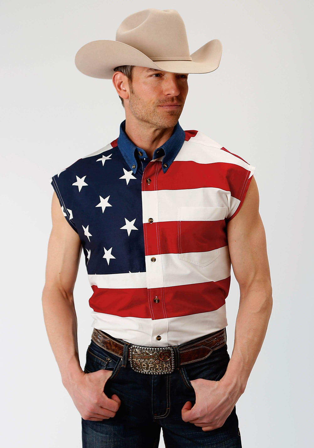 Roper Mens Red White And Blue Stars And Stripes Pieced American Flag Sleeveless Western Snap Shirt - Roper - Flyclothing LLC