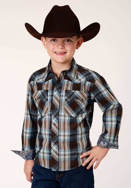 Roper Boys Long Sleeve Snap Crossing Dobby Plaid Western Shirt - Roper - Flyclothing LLC