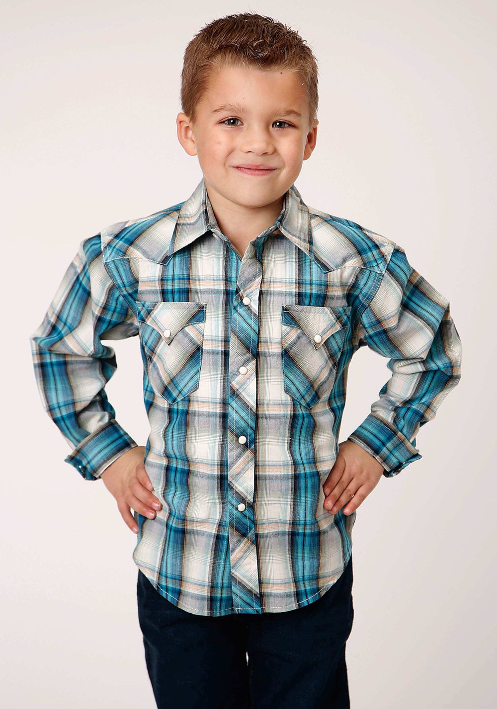 Roper Boys Long Sleeve Snap Vintage Turquoise Plaid Western Shirt - Roper - Flyclothing LLC