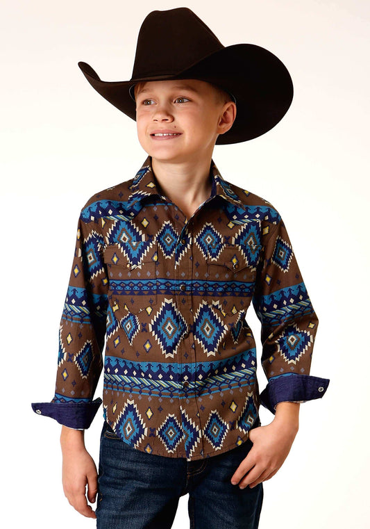 Roper Boys Long Sleeve Snap Chocolate Aztec Print Western Shirt - Roper - Flyclothing LLC